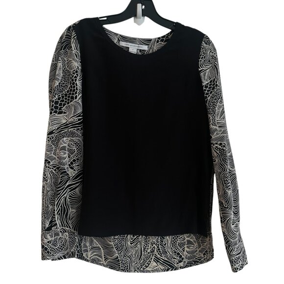 Diane Von Furstenberg black and cream long sleeve 100% silk top. Size 0. - Picture 2 of 11